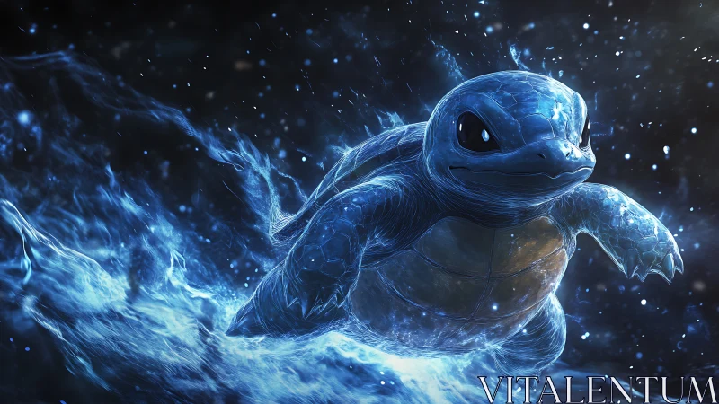 Iridescent water turtle surging through cosmic waves.