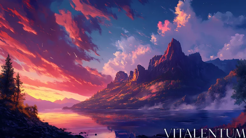 Sunlit mountain ridge over reflective twilight lake.