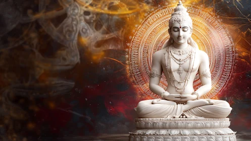 Intricately rendered white Buddha sculpture with luminous radial mandala