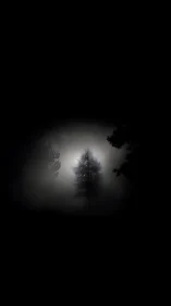 Solitary ghost-tree haloed in nocturnal forest fog.