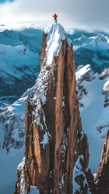 High-altitude alpinist atop narrow snow-capped granite spire