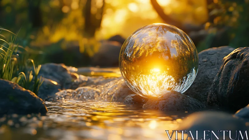 Sunlit crystal sphere nestles peacefully in a golden stream