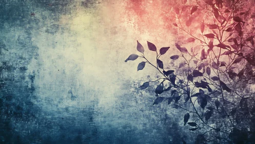 Grunge duotone foliage silhouette overlays textured gradient field
