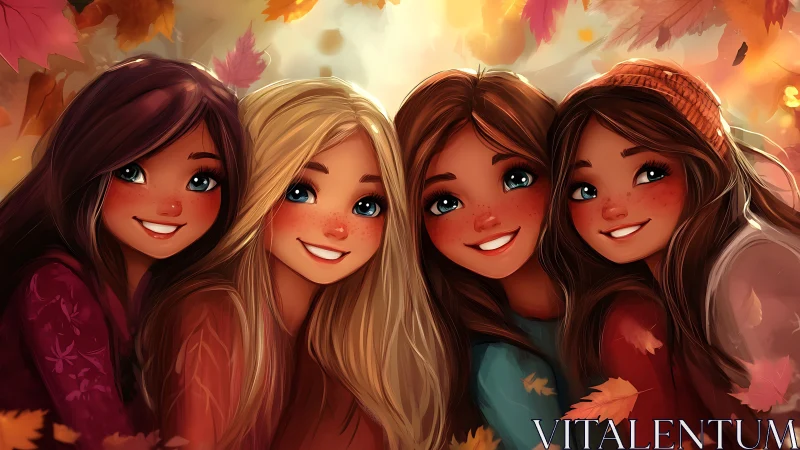 Autumn glow girls huddle beneath swirling leaves of light.