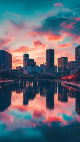 Urban skyline with river reflection under vivid sunset sky.