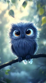 Wide-eyed fluffy owl perches dreamily in soft forest glow.