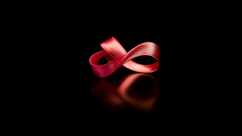 Luminous red satin loop poised on reflective black surface.