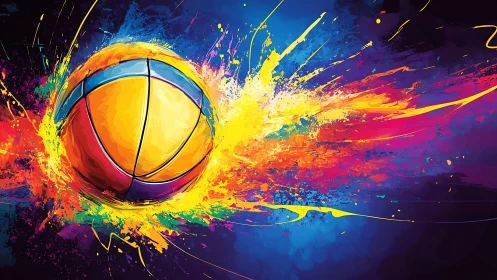 Exploding neon basketball streaks through vivid color bursts