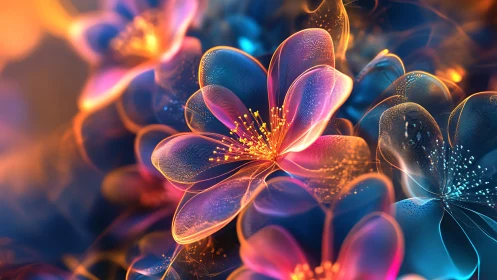 Digitally rendered flowers with luminescent petals and particle effects.