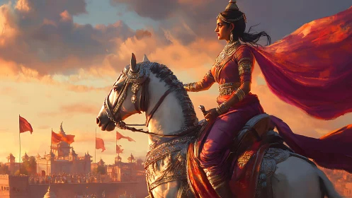 Warrior queen on armored steed surveys citadel at sunset