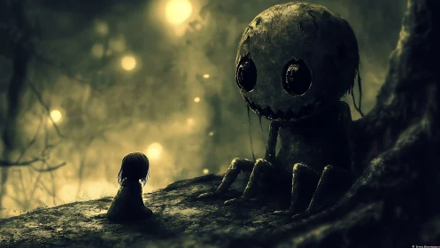 Child confronts eerie forest monster beneath glowing orbs