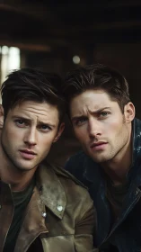 Twin male portraits under moody cinematic side lighting.