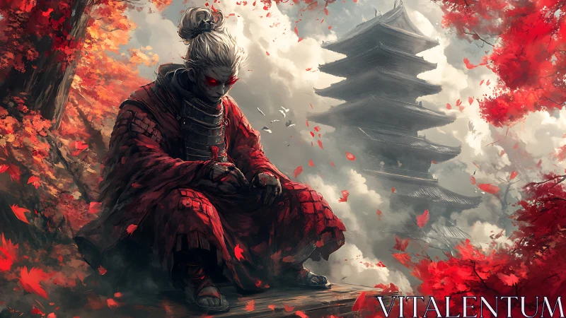 White haired warrior in red armor before misty pagoda.