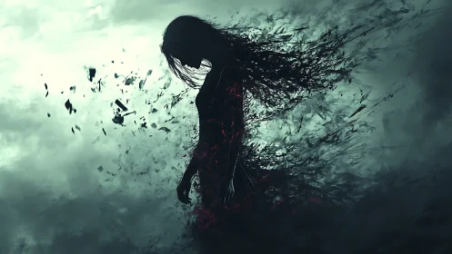 Digital painting silhouette dissolving into storm fragments.