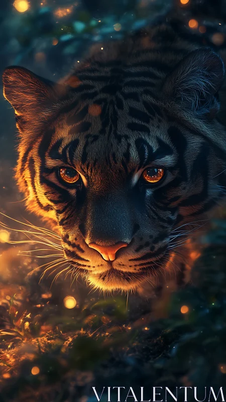 Ember-lit tiger portrait in glowing forest underbrush.
