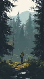 Backpacker's Reverie Through Misty Pines.