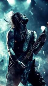 Electrifying metal guitarist shredding under smoky stage lights.