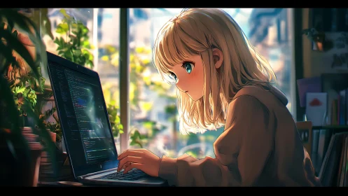 Sunlit coder girl immersed in cozy green home office.