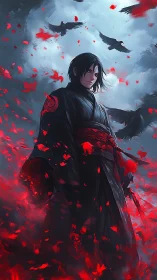 Stormlit warrior wrapped in crimson petals and watchful crows.