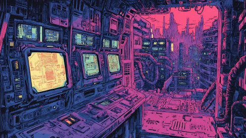 Cybernetic control deck overlooks dense neon megastructure skyline