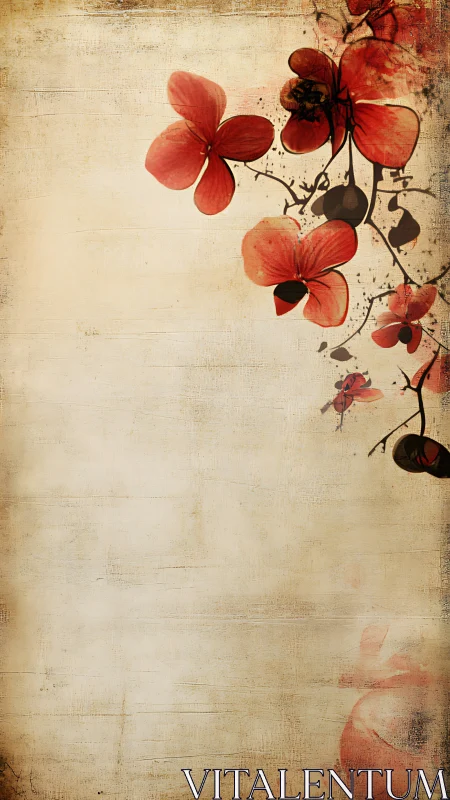 Orchid branch on distressed parchment with asymmetrical layout.