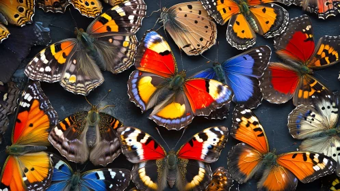Array of multicolored butterflies arranged on dark surface.