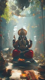 Ganesh idol glows within lush temple street sanctuary.