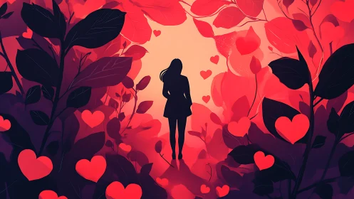 Woman silhouette surrounded by red hearts and dark flora