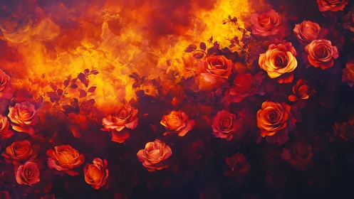 Volumetric flame rendering with photorealistic roses composited against graduated fire