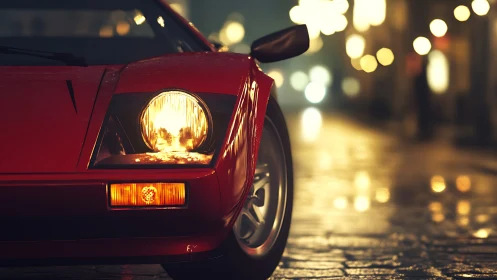 Red sports car front section is shown on wet city street
