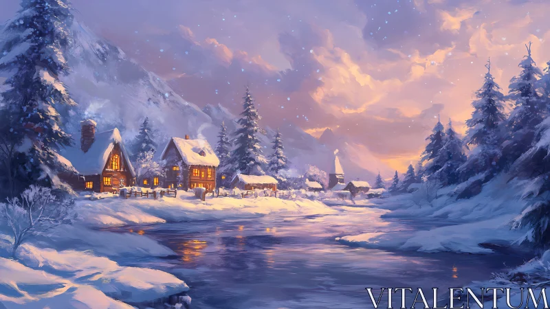 Snowy mountain village glows beside reflective winter river