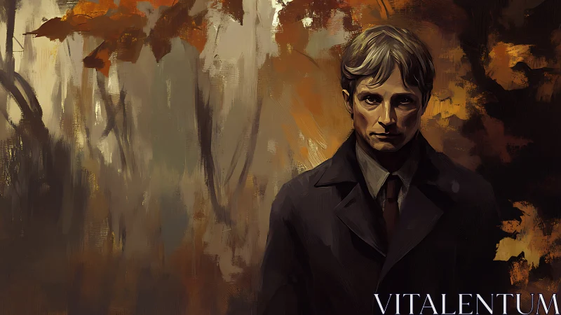 Male figure in coat within abstract autumn forest setting.