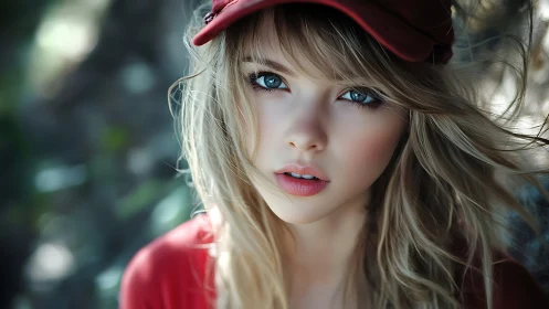 Portrait of blue-eyed girl in red cap, shallow focus rendering