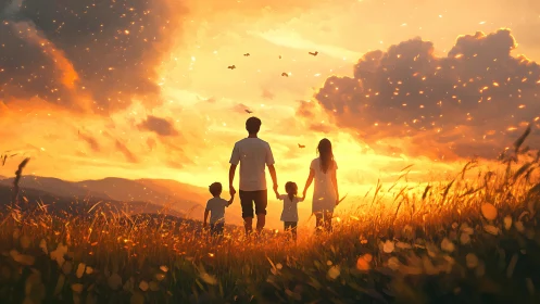 Silhouetted family in sunset field with distant hills and sky.