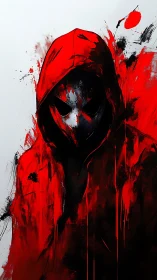 Hooded masked figure in red abstract digital portrait.