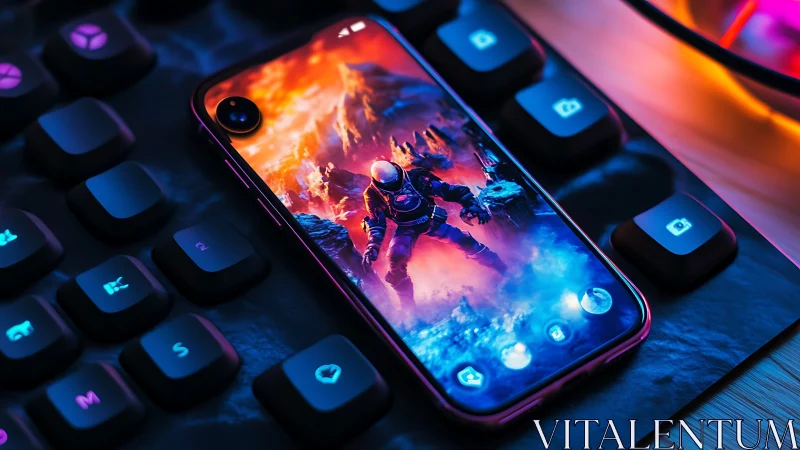 Mobile gaming adventure glowing between neon keys.
