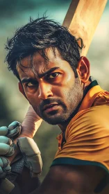 Intense cricket batsman portrait with raised wooden bat.