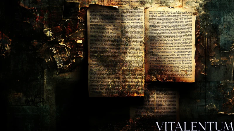 Decayed illuminated manuscript page with corroded textured patina