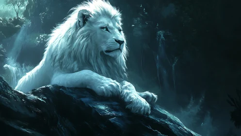White lion rests on rocky ledge in moonlit misty forest