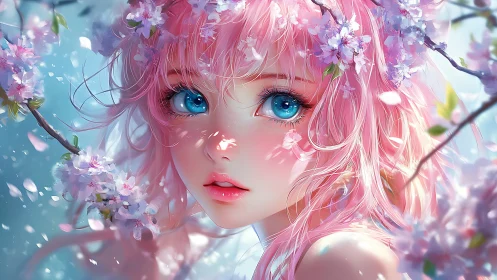 Blossom-eyed dreamer beneath a whirl of sakura petals.