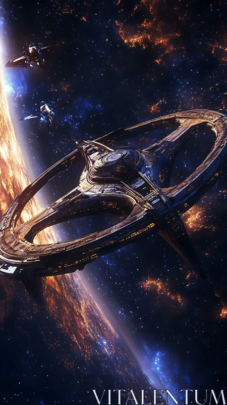 Stellar ring citadel drifting above a burning aurora world.