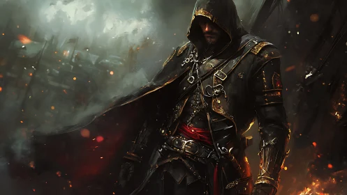 Brooding ember-cloaked rogue stalking a war-torn dusk.