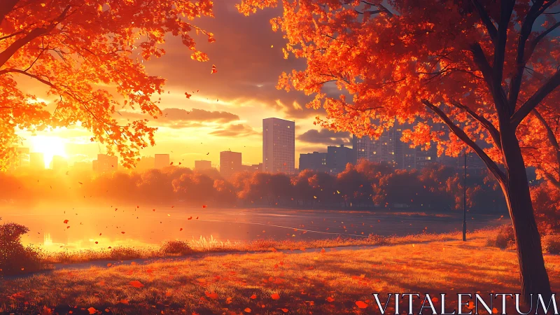 Urban lakeside park glowing in cinematic autumn sunset light.