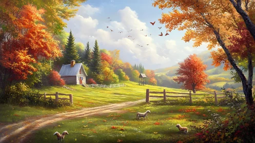 Idyllic autumn farmhouse landscape rendered as luminous digital art