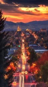 Glowing sunset boulevard leading toward a peaceful capital city.