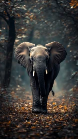 Telephoto frontal study of elephant on leaf-littered forest path