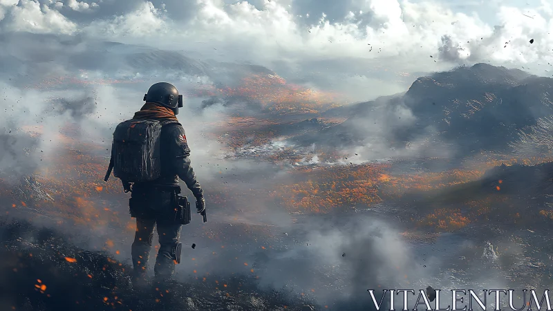 Lone armored explorer surveys a smoldering volcanic valley.