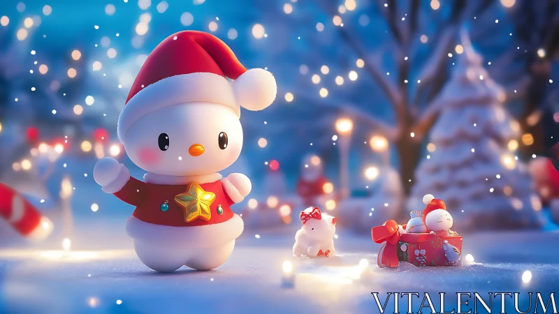 Snowfield toy tableau with Santa chick under festive bokeh.