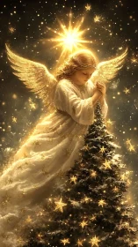 Luminous Christmas angel in golden starlit snowfall vision.