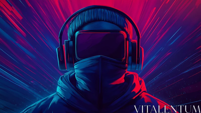Hooded figure with VR headset and headphones is centrally framed